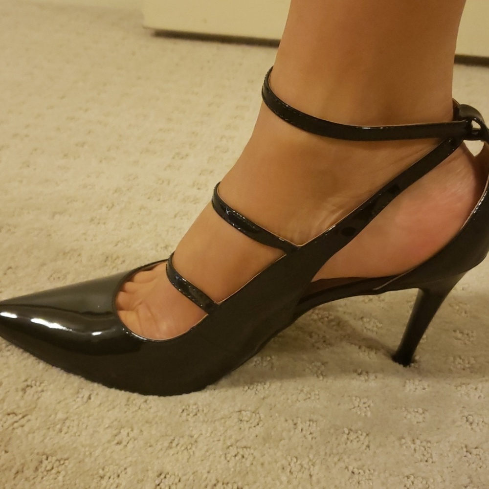 Strappy Mary Jane black patent heels